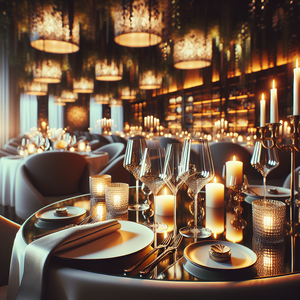 Fine dining experience with elegant table setting, wine glasses, premium dinnerware, sophisticated Mediterranean ambiance